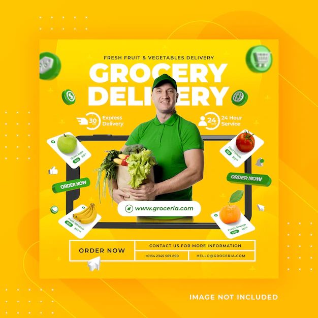 an advertisement for grocery delivery with a man holding a box of fruit and vegetables on it