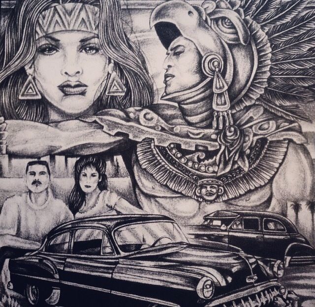 a drawing of two women and a car