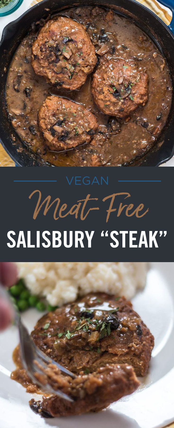 meat - free salisbury steak with gravy in a cast iron skillet on a white plate