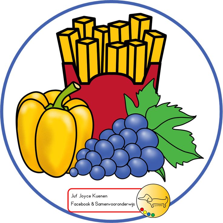 a blue circle with an image of french fries, grapes and peppers on it's side