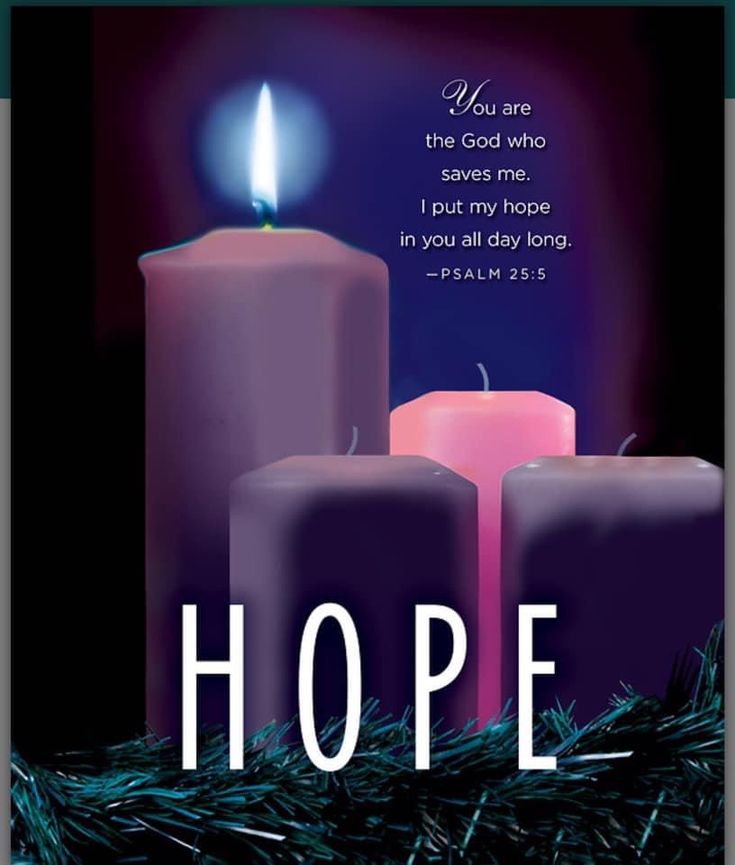 three lit candles sitting next to each other with the words hope in front of them