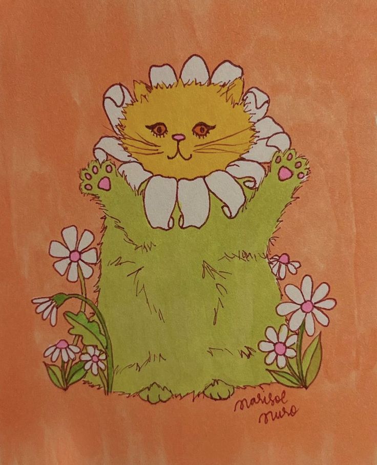 a drawing of a cat with flowers on it's head and paws in the air