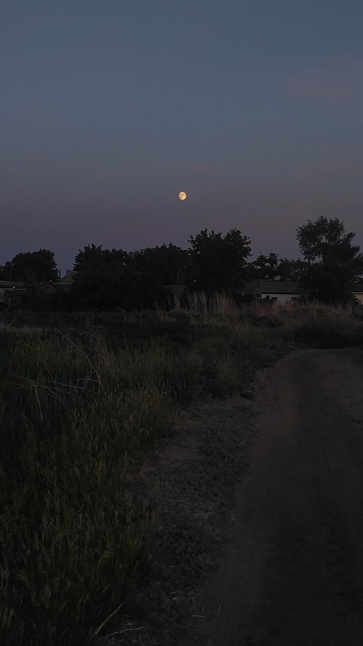 the moon is setting in the sky over a dirt road