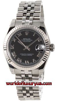 Rolex Oyster Perpetual Datejust Watches. 31mm stainless steel case, 18k white gold fluted bezel, black dial, Roman numerals, and Jubilee bracelet. - See more at: http://www.worldofluxuryus.com/watches/Rolex/Datejust-Lady-31/178274-bkrj/641_755_5037.php#sthash.2c47RftF.dpuf Rolex Oyster Perpetual Datejust, Oyster Perpetual Datejust, Watches Rolex, Rolex Oyster Perpetual, Rolex Oyster, Oyster Perpetual, Rolex Datejust, Roman Numerals, Silver Watch