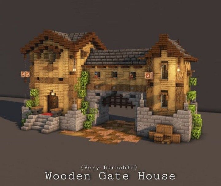 the wooden gate house is made out of bricks