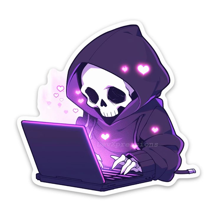 a skeleton in a hoodie using a laptop with glowing hearts on the screen,