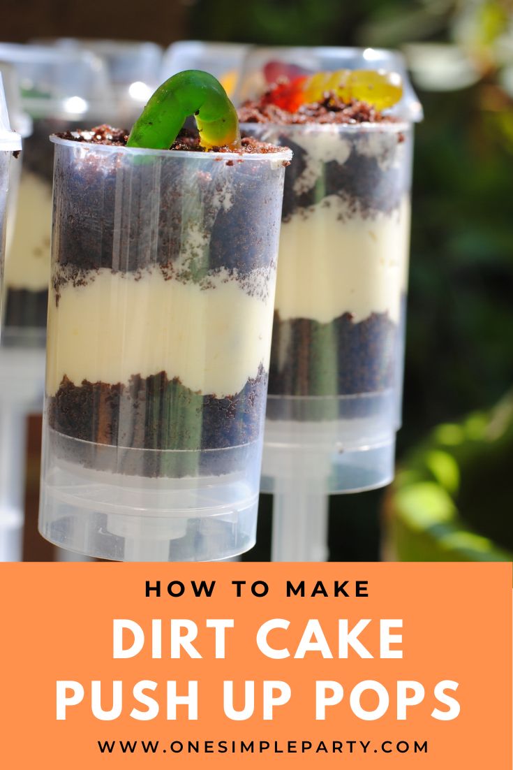 three cups filled with dirt cake and toppings on top of each other, text reads how to make dirt cake push - up pops