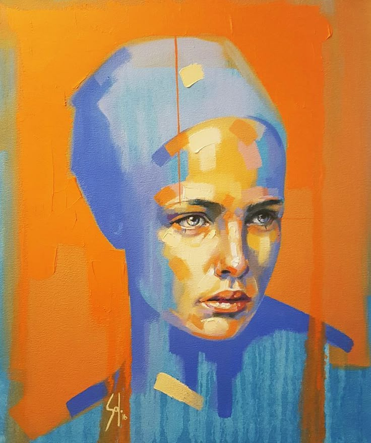 a painting of a woman's face in blue and orange