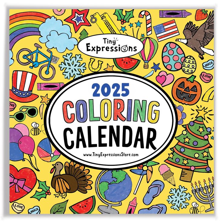 the 2013 coloring calendar is shown with colorful images on it and an oval sticker that says