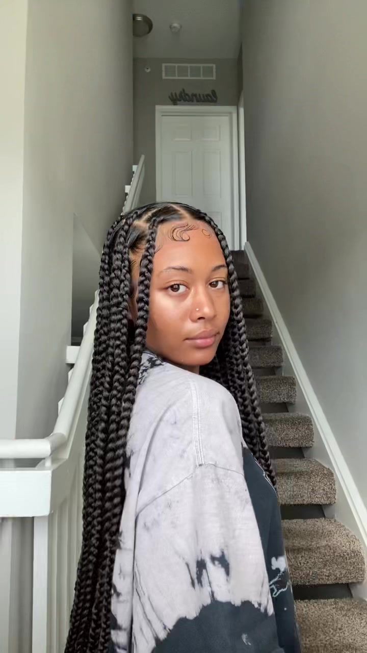 Rastafri Braiding Hair, 10 Box Braids Hairstyles, 12 Box Braids Hairstyles, Box Braids Big Sections, Easy Braid Extension Hairstyles, Four Braids Black Women, Quick Jumbo Braids For Black Hair, Big Part Knotless Braids, African Braids Hairstyles Cornrows Protective Styles