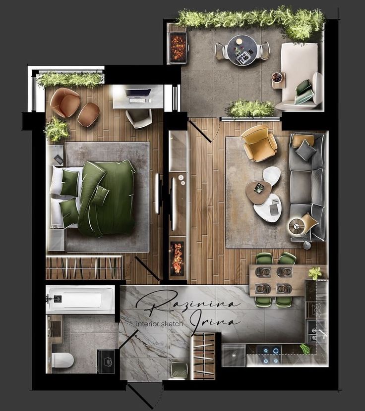 an overhead view of a living room and dining area in a small apartment floor plan