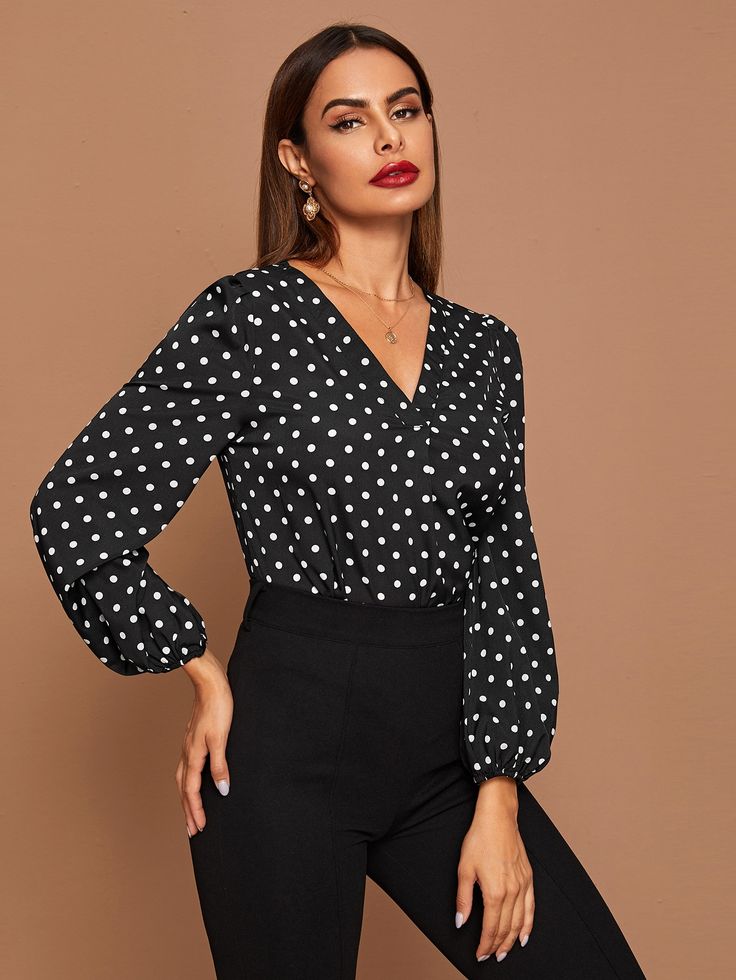 Polka Dot Shirt Outfit, Polka Dot Blouse Outfit, Polka Dot Top Outfit, Wrap Dress Outfit, Black Polka Dot Top, Wrap Dress Pattern, Simple Kurta Designs, Dot Shirt, Fall Dress Outfit