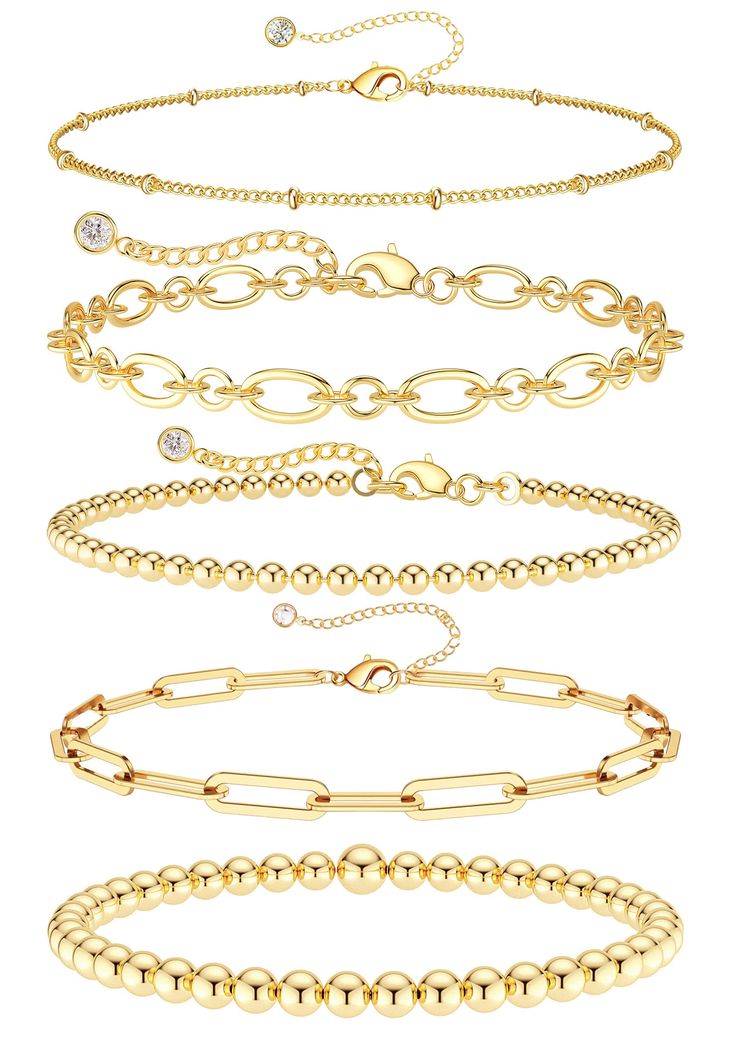 PRICES MAY VARY. 【5Pcs GOLD BRACELETS SET】:👜 Set contains: ①Gold Beaded Bracelet ②Small Beaded Bracelet ③Paperclip Bracelet ④Halo Link Bracelets ⑤Satellite Bracelets. These Bracelets are suitable for layering as well as being worn alone. 【BRACELETS SIZE】: 📏 Each Bracelet length 6.5”+ 2.5” extender. Strong lobster clasp design, you can easily to adjust bracelets length by yourself, this ankle bracelets suitable for women and teen. 【BRACELET MATERIAL】: 💎14k gold filled bracelets, lead free, nic Christmas Gift Ideas Trendy, Christmas Ideas For Gifts For Teens, Amazon Bracelet Stack, Trending Womens Jewelry, Trendy Teen Jewelry, Evry Jewels Bracelet Stack, Amazon Gold Bracelets, Gold Homecoming Jewelry, Gold Amazon Jewelry