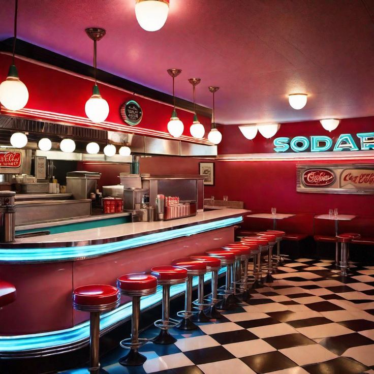 the interior of a diner with red and white checkered flooring, stools and neon lights