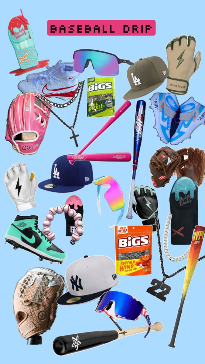 a collage of baseball caps, mitts, gloves and other sports items on a blue background