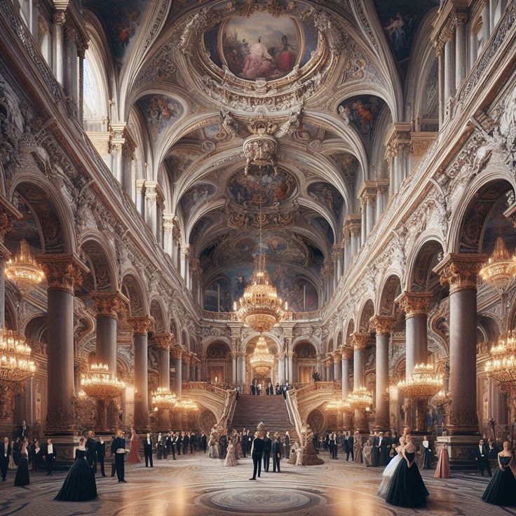 an ornately decorated hall with chandeliers and people in formal wear standing around