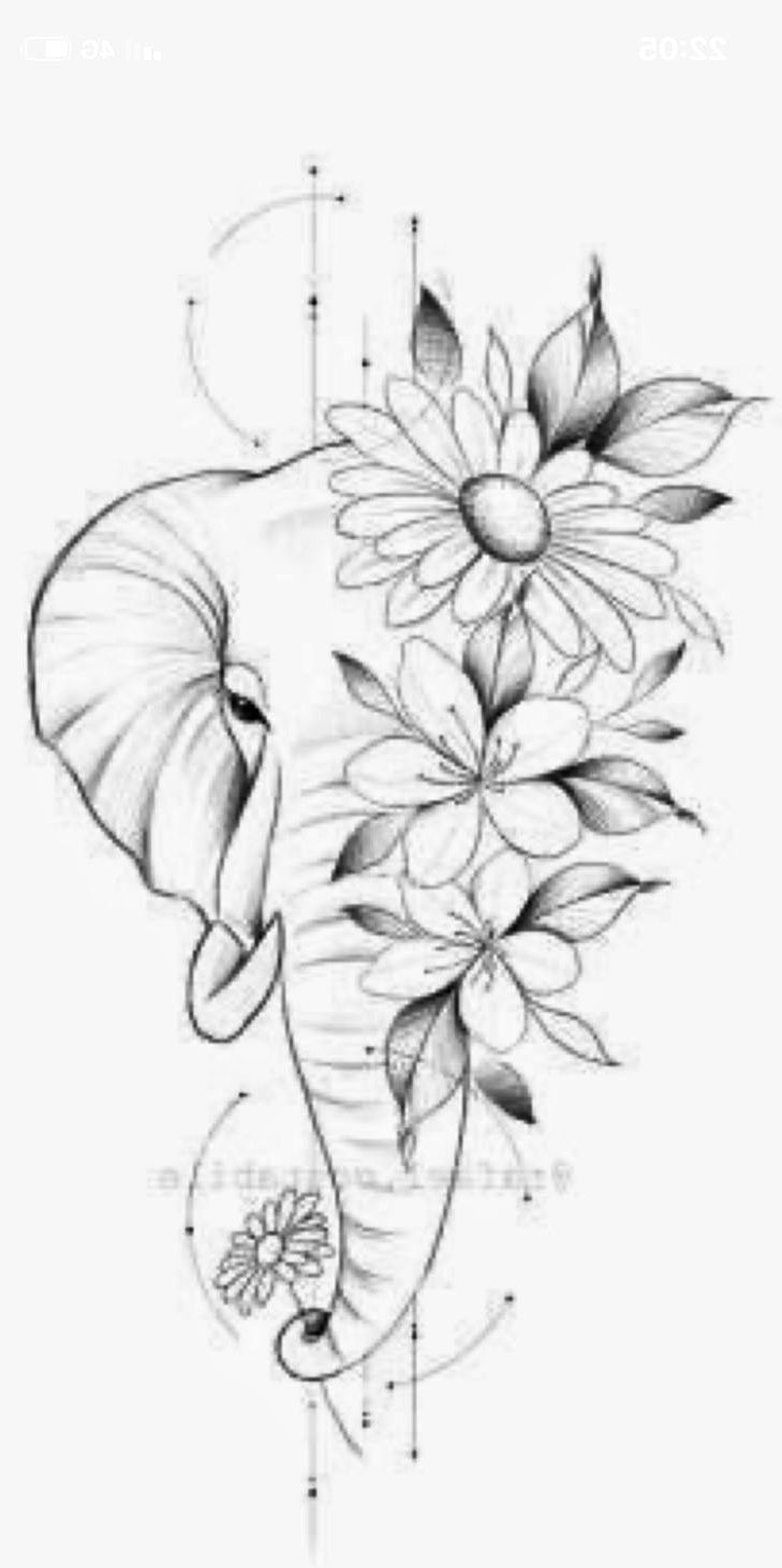 an elephant with flowers on it's back and the outline of its trunk is shown