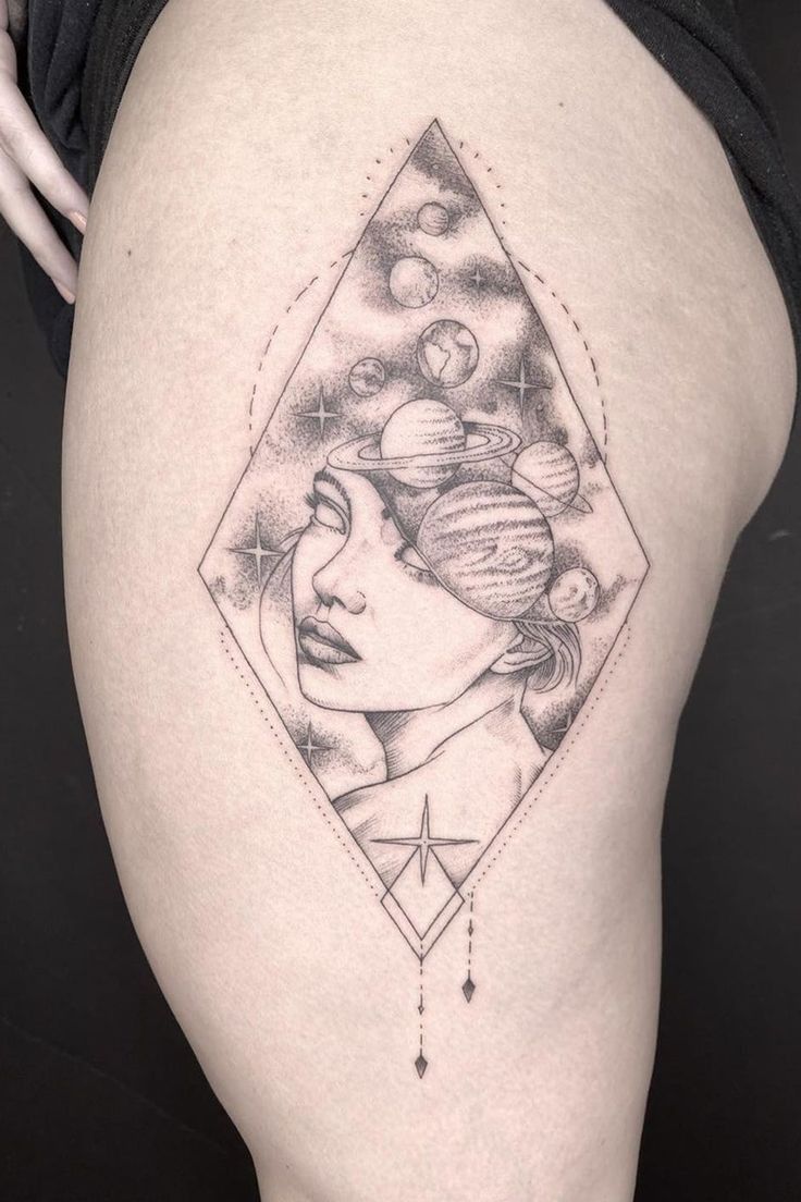 a woman's thigh with an abstract tattoo on it