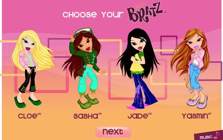 the girls are all dressed up in different outfits and hair colors, with text that reads choose your bratz