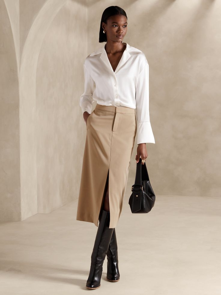 Vasto Italian Wool Midi Skirt | Banana Republic Chic Midi Skirt Outfit, Womens Business Casual Skirt, Long Work Skirt, Long Skirt Business Outfit, Chic Skirt Outfits Classy, Banana Republic Outfits 2023, Khaki Midi Skirt Outfits, Winter Capsule Wardrobe Work Office Wear, Trending Skirt Outfits