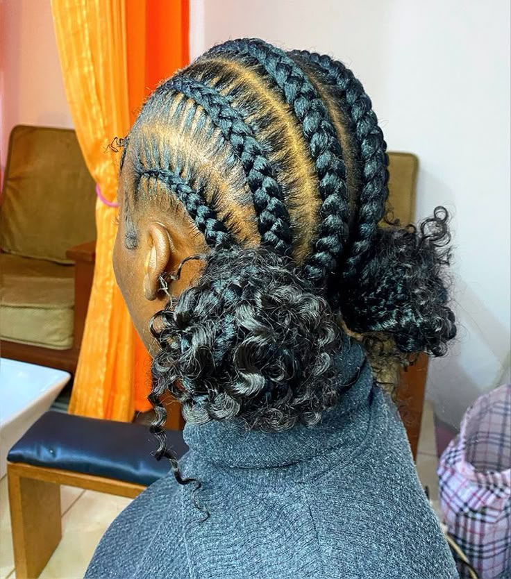 Stitch Braid Curly Bun, Feed Ins With 2 Curly Buns, 4 Braids To The Back With Bun, Feed In Braids Into Two Buns, Bohemian Stitch Braids Bun, 4 Braids Cornrows 2 Buns, 2 Braids With Buns In Back, 2 Buns Braided Hairstyles Black, Straight Back Feed In Braids Into 2 Buns With Curls