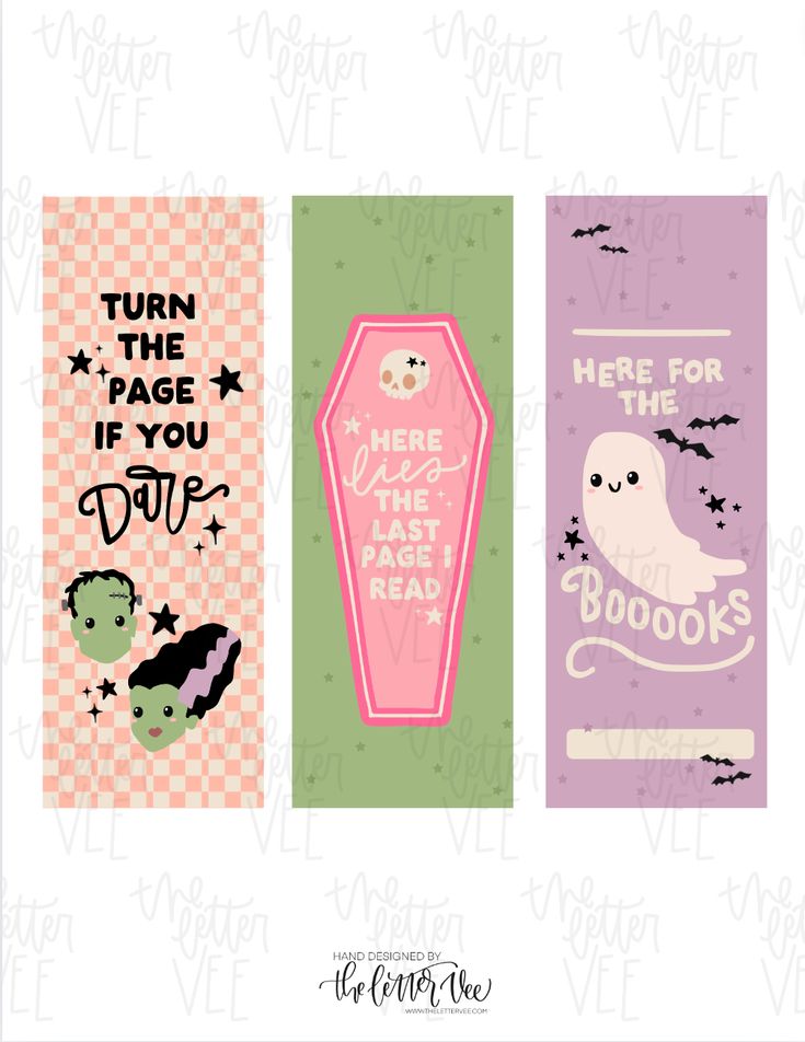 three halloween bookmarks with the words turn the page if you dare