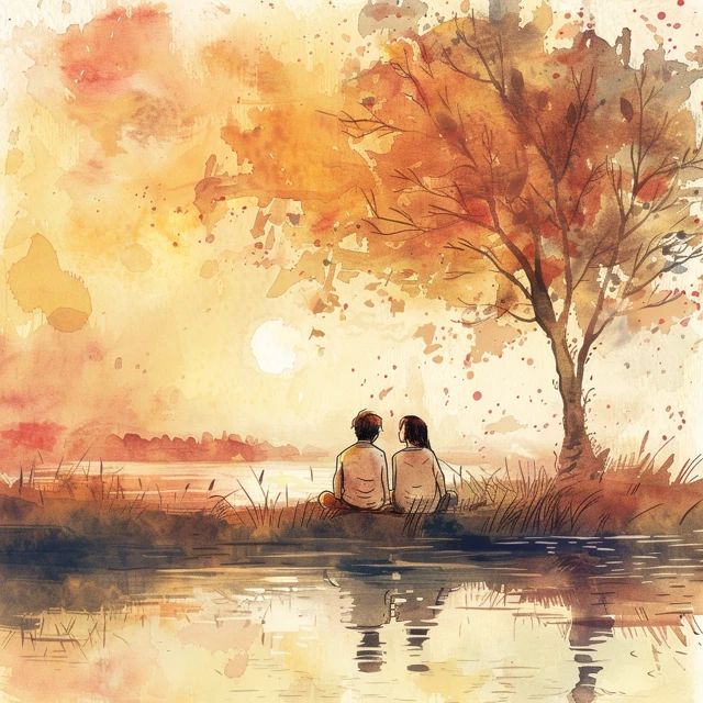 two people sitting next to each other under a tree on the water's edge