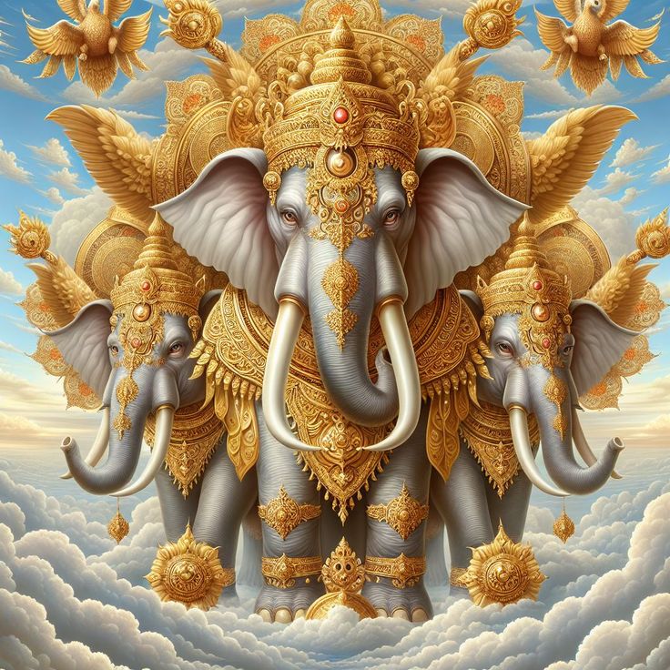 an elephant with two smaller elephants on it's back, surrounded by clouds and birds