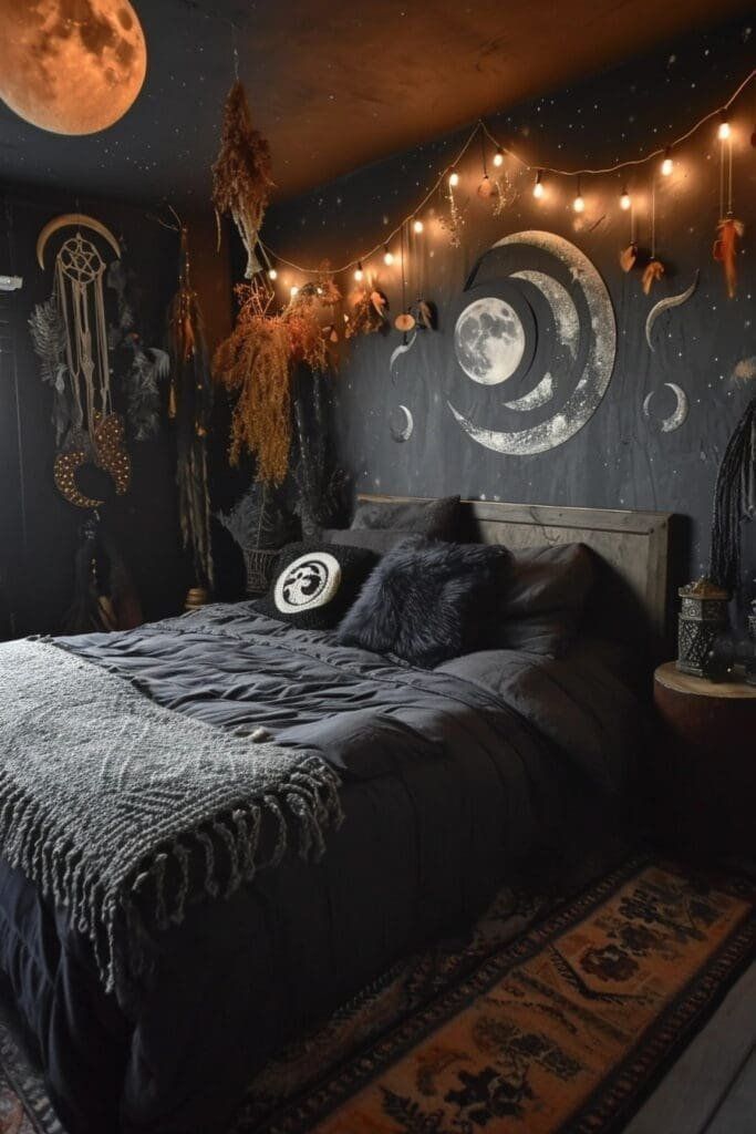 a bed room with a neatly made bed and hanging decorations