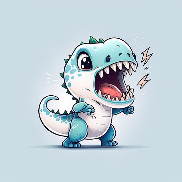 a blue and white cartoon dinosaur with its mouth open, showing it's teeth