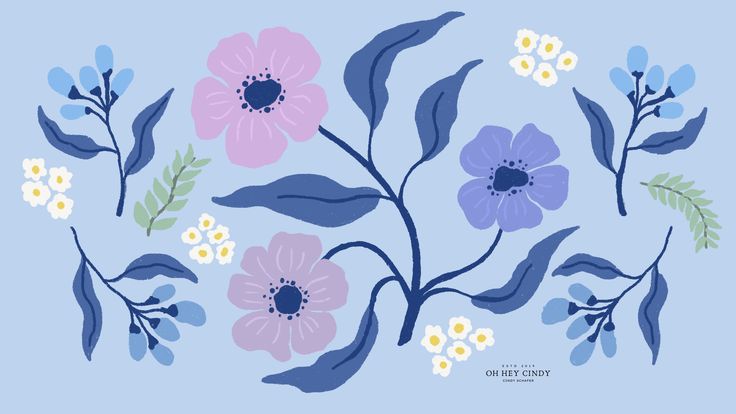 an illustration of flowers and leaves on a blue background