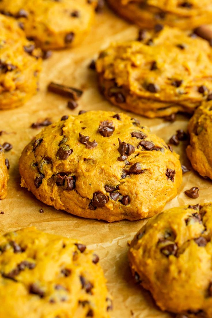 chocolate chip cookies on parchment paper ready to be eaten