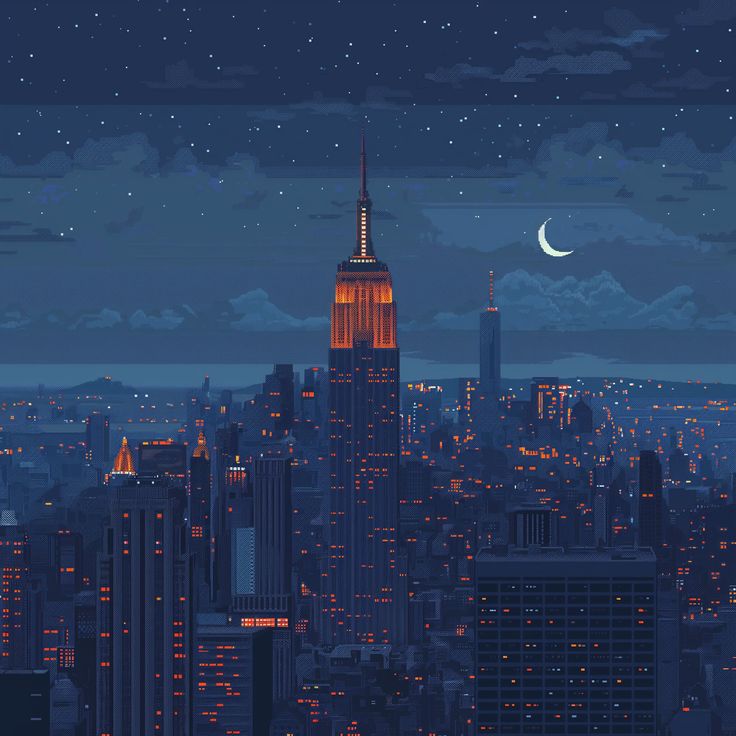 the empire state building is lit up at night in new york city, with moon and stars above it