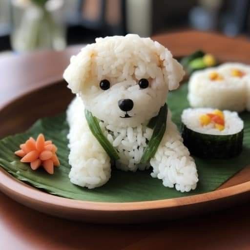 a small white dog sitting on top of a green plate filled with sushi rolls