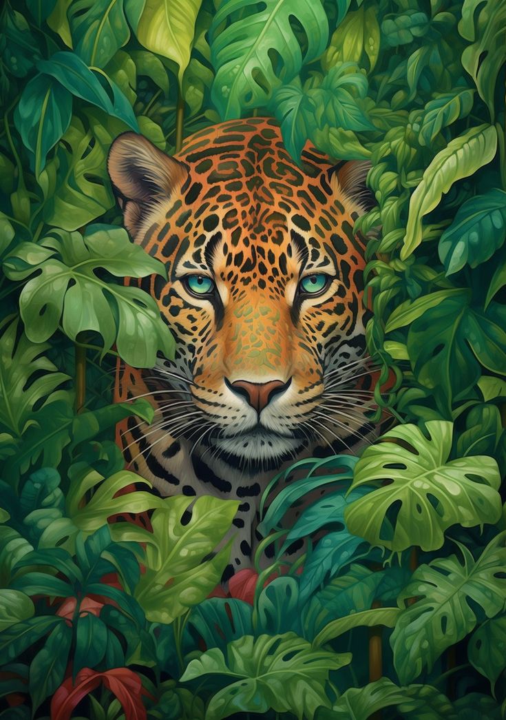 a painting of a tiger in the jungle with blue eyes and green leaves around it