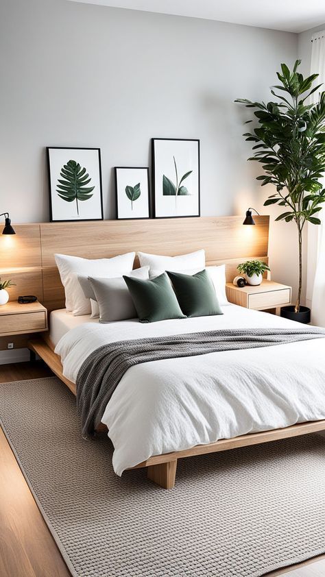 a large bed sitting in a bedroom next to two planters on either side of the bed