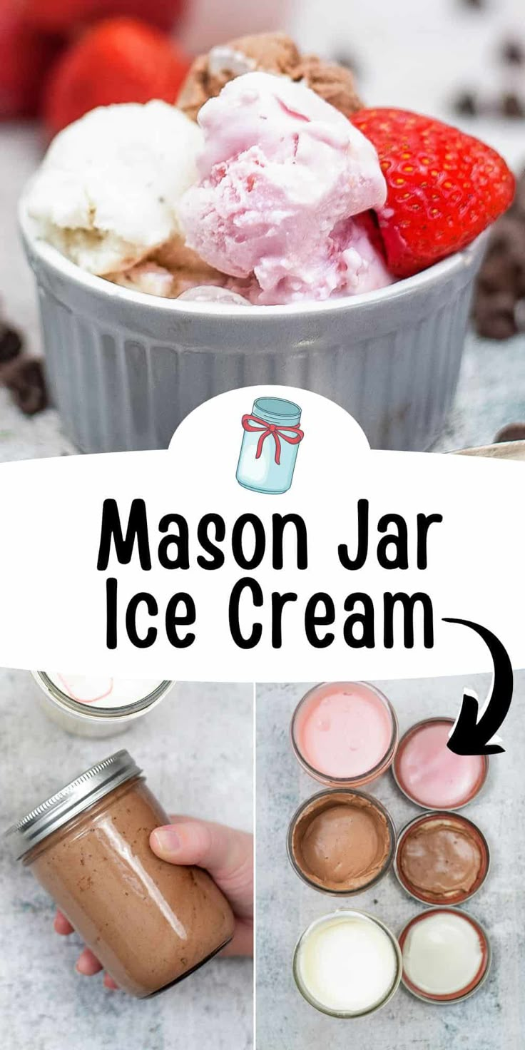 mason jar ice cream recipe with chocolate chips, strawberries and whipped cream in it