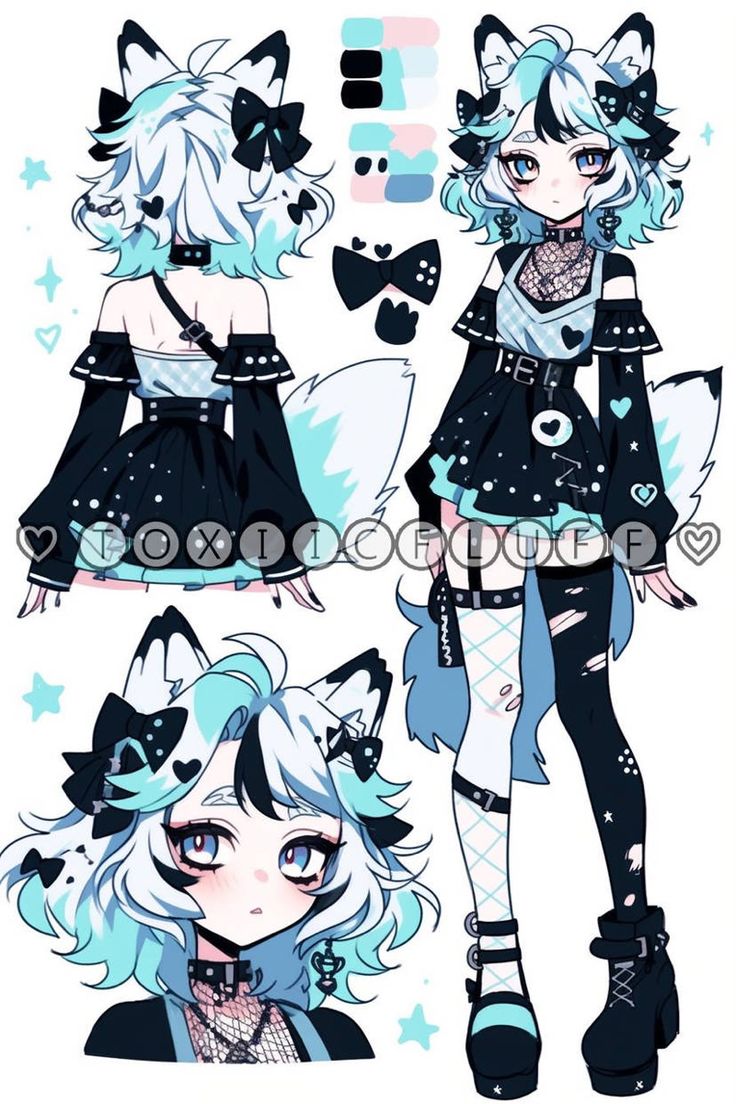 an anime character with white hair and blue eyes wearing cat ears, black dress and boots