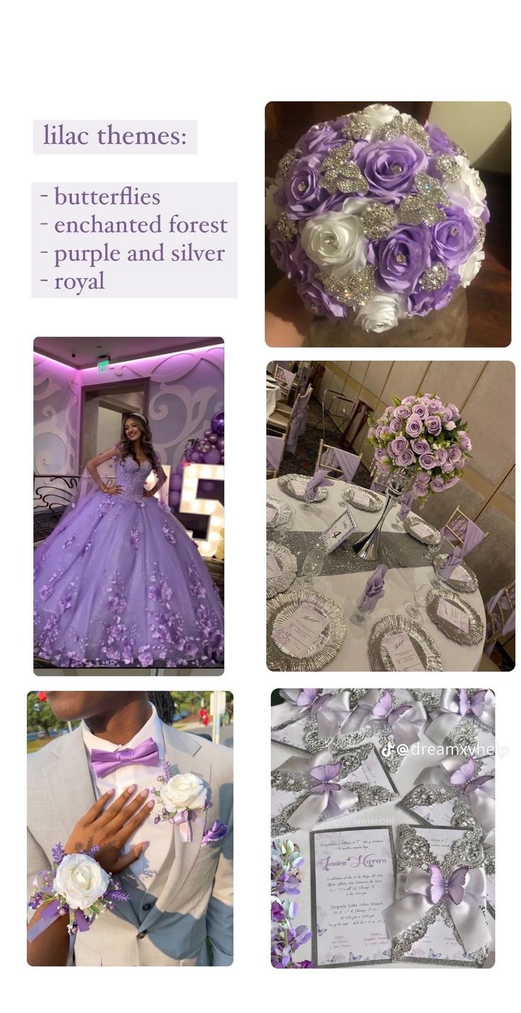 purple and white wedding theme with flowers on the top, bride's bouquet in the middle