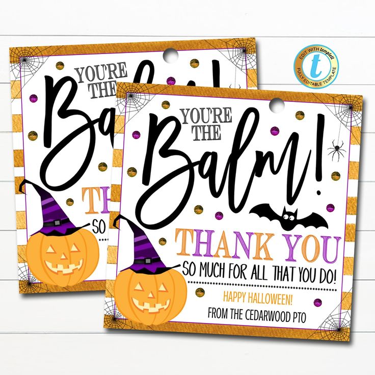 "You're the Balm! Halloween Lip Balm Gift Tags. Use these adorable fall chapstick gift tags for teachers, staff, childcare workers, babysitters, family, friends and more during the Halloween season! All text is editable! Simply edit, print, hole punch and tie around your Halloween lip balm or chapstick gift! TEMPLATE FORMATTED SIZES: 3.5\" x 3.5\" (Tag) *print multiple tags (6 per sheet) by going to download - pdf - click on 'save paper' IMPORTANT: This is a DIY self-editing digital, printable p Fall Chapstick, Chapstick Gift, You're The Balm, Lip Balm Gift, Halloween Nurse, Tag Print, Teacher Ideas, Gift Teacher, Ipad Iphone