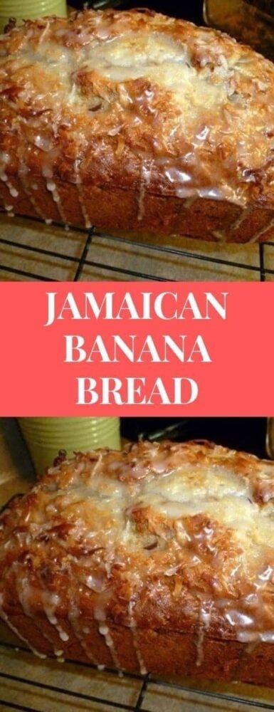 two pictures of a banana bread with icing on top and the words jamaican banana bread above it