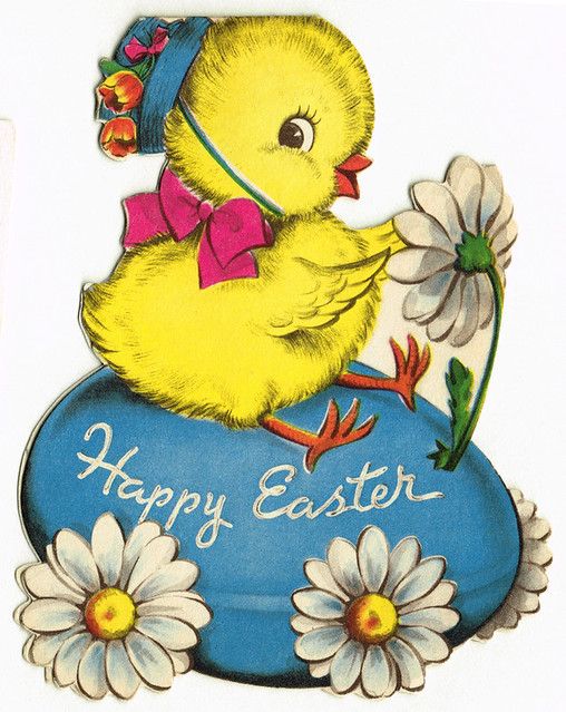 a happy easter card with a yellow duck sitting on top of a blue egg and daisies