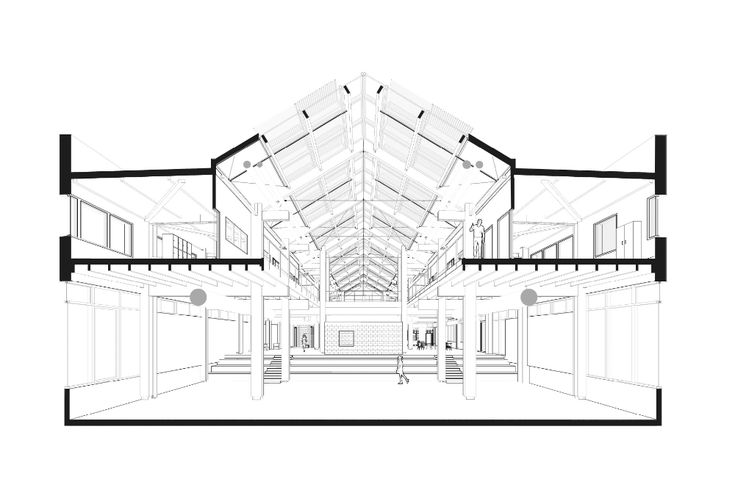 an architectural drawing of the inside of a building with multiple floors and ceilings, all in black and white