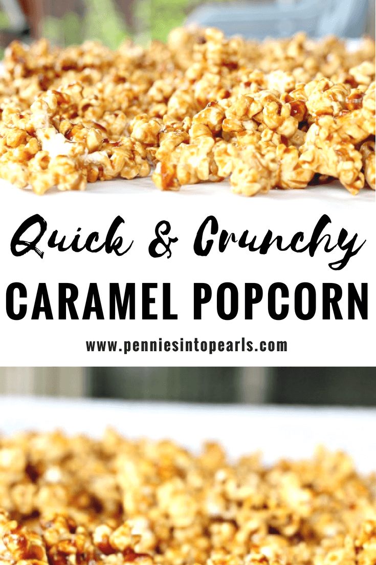 a close up of granola on a plate with the words quick and crunchy caramel popcorn