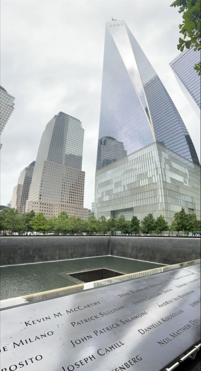 the world trade center and other skyscrapers in new york's financial district, as seen from the reflecting pool