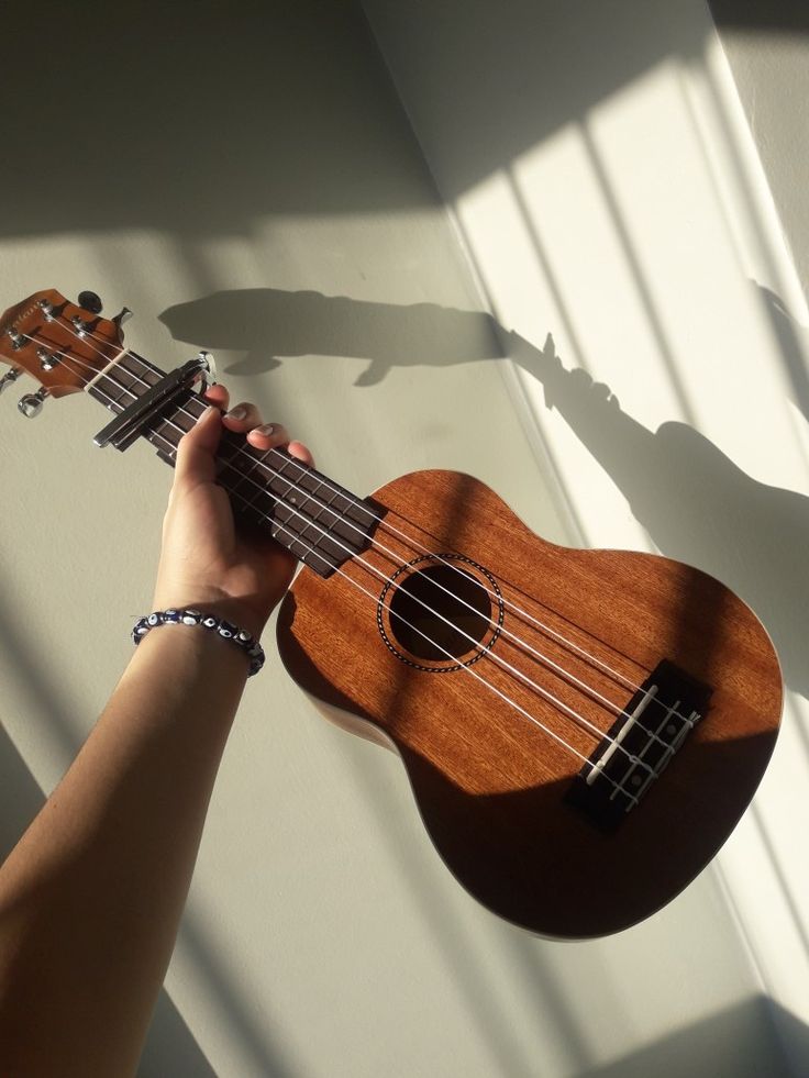 a person is holding an ukulele in their hand and shadow on the wall