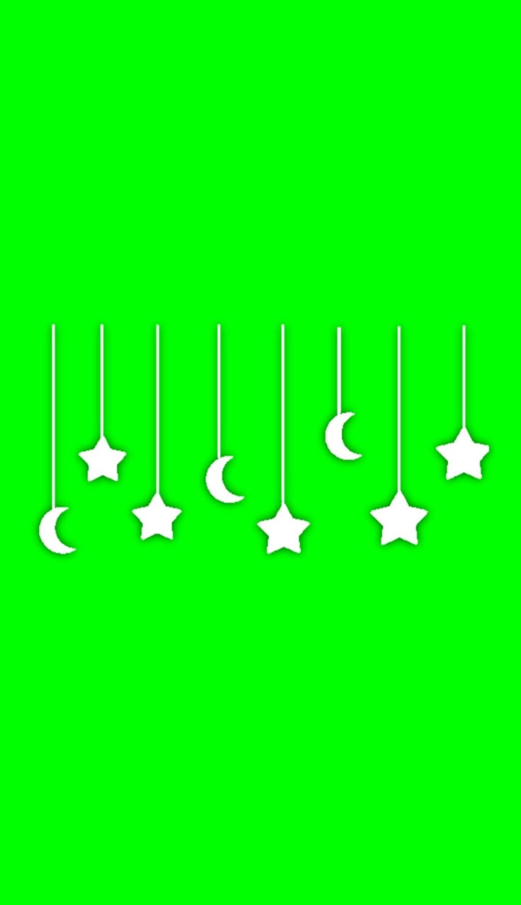 five white stars and the moon hanging from strings on a green background with space for text