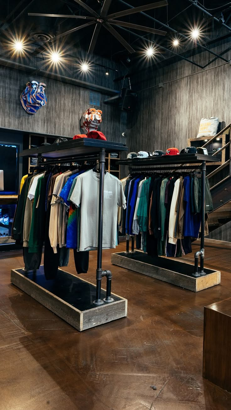 an open clothing store with clothes on racks