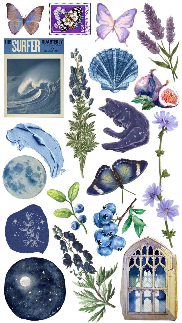 an assortment of blue and purple flowers, butterflies, and other items on a white background