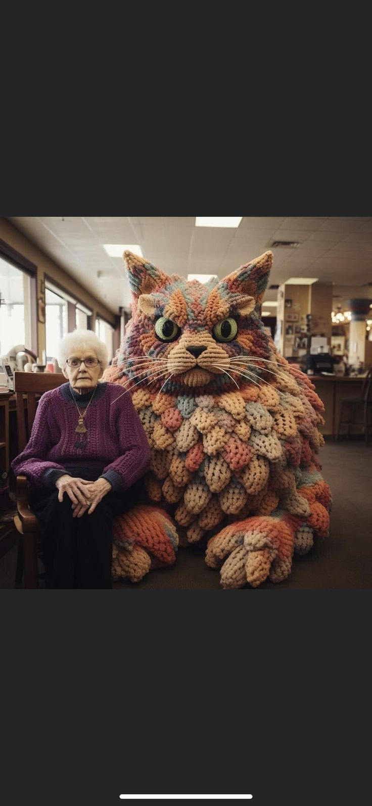 an old woman sitting next to a giant cat statue in the middle of a room